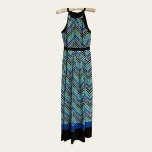 Ann Taylor Dress Long Maxi Halter Top Blue Green Striped Zig Zag Size 0